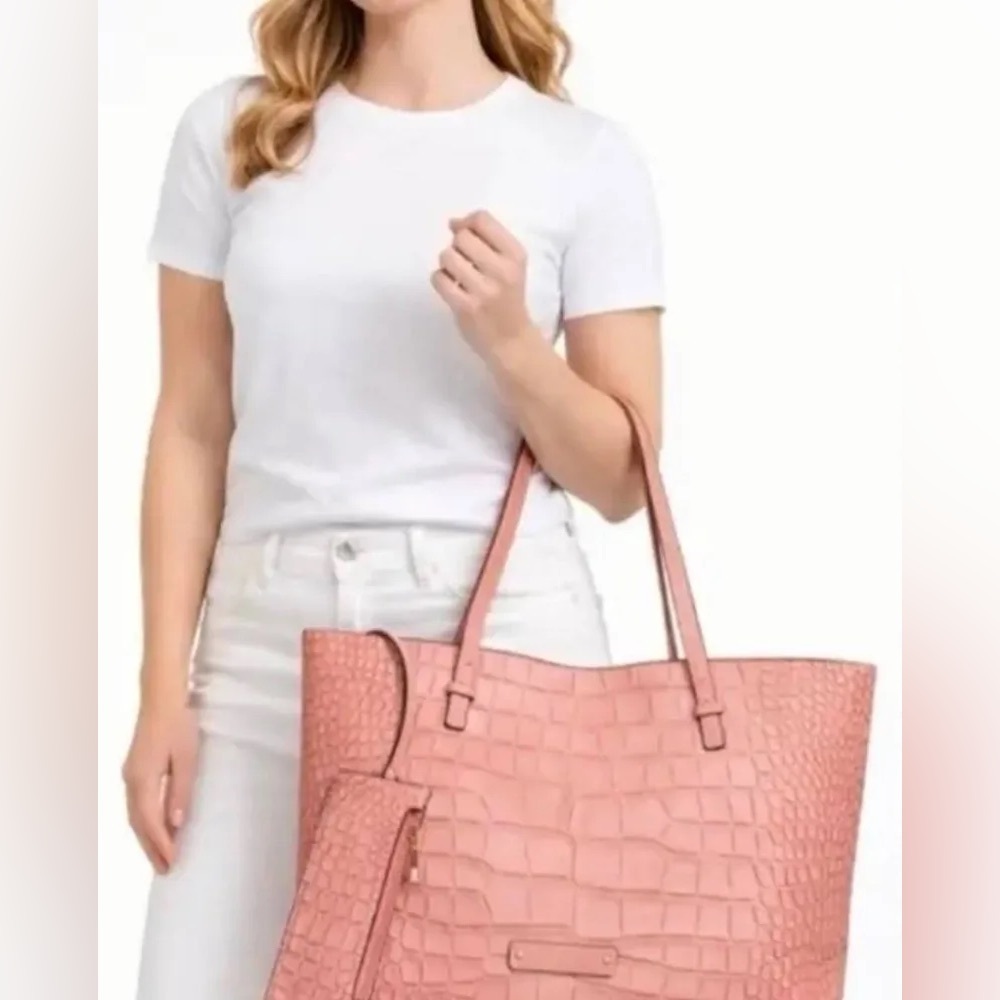 $200 NWT De Vesi Tote De L'amour Pink Crocodile-Embossed Tote Bag - Picture 6 of 6